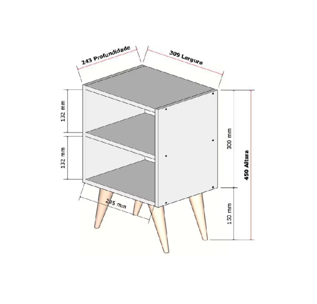 Desenho com medidas: altura total 45 cm, largura 30,9 cm, profundidade 24,3 cm